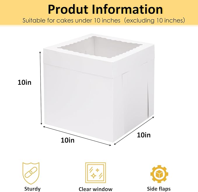 Moretoes 16pcs Cake Boxes, 10x10x10 Inches Tall White Square Bakery Boxes, Cajas Pasteles for Tier Cakes, Take Out Carrier Containers, Valentine's Day, Birthday, Wedding, Party