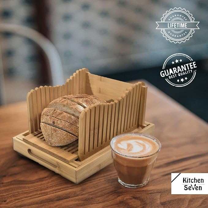 Bamboo Bread Slicer with Crumb Tray Bamboo Bread Cutter for Homemade Bread, Loaf Cakes, Bagels Slicer, 3 Slice Sizes, Adjustable, Compact, Foldable