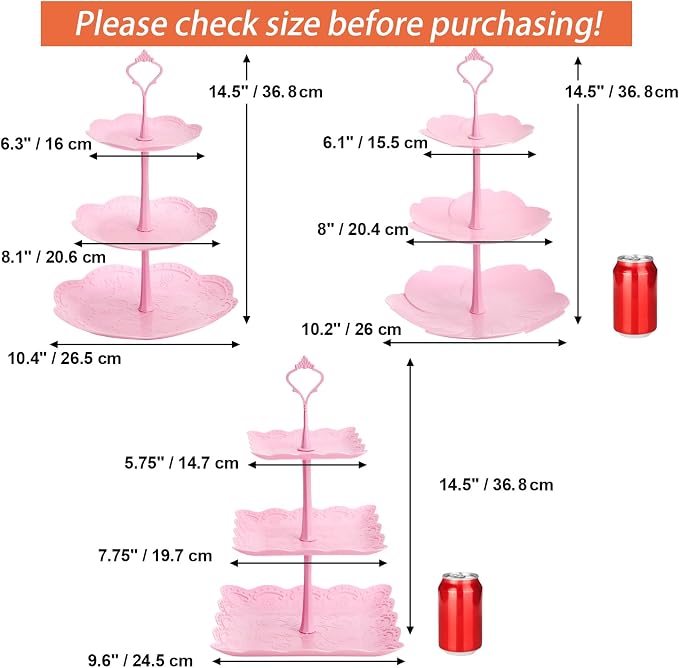 Tosnail 3 Pack 3 Tiers Plastic Cupcake Stand Dessert Stand Tiered Serving Trays with Pink Rod Candy Pastry Holders for Baby Shower, Wedding and Party - Pink Rod