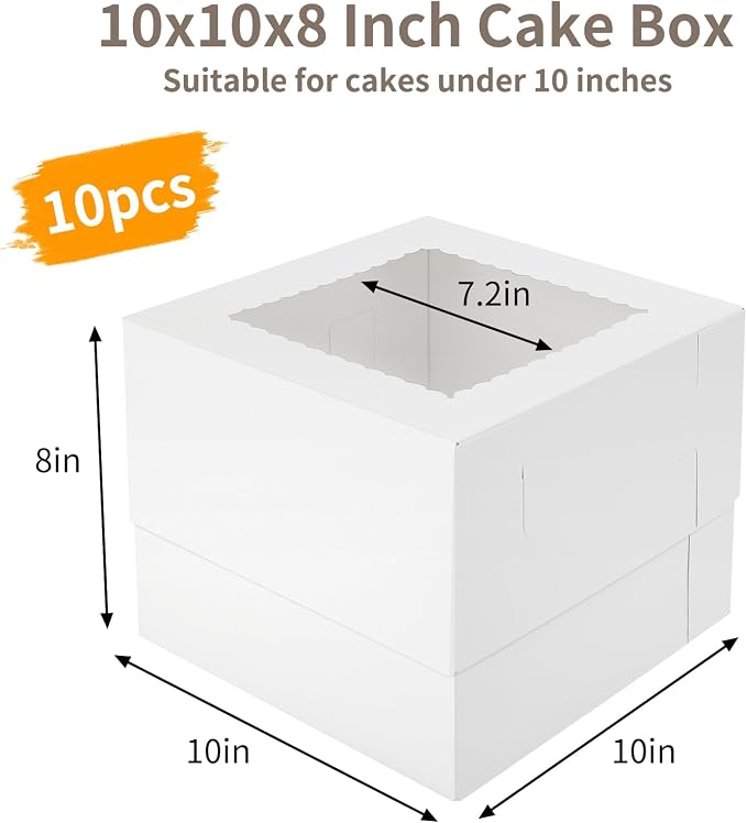 Moretoes Tall Cake Boxes 10x10x8 Inches with Window 10pcs Cajas Para Pasteles Cake Box 10 Inch for Donuts, Pie, Cookies, Valentine's Day, Mother's Day, Wedding, Birthday (White)