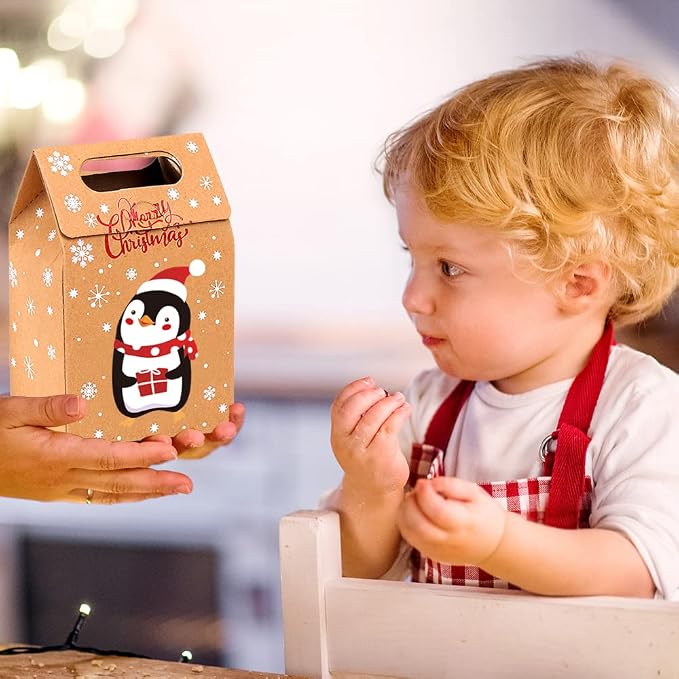 JOICEE Christmas Kraft Paper Gift Boxes 24pcs Xmas Goodies Treat Candy Bags Boxes for Christmas Party Favor