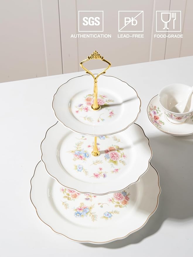 Sweejar 3 Tier Ceramic Cake Stand Wedding, Dessert Cupcake Stand for Tea Party Serving Platter(Small Flower)