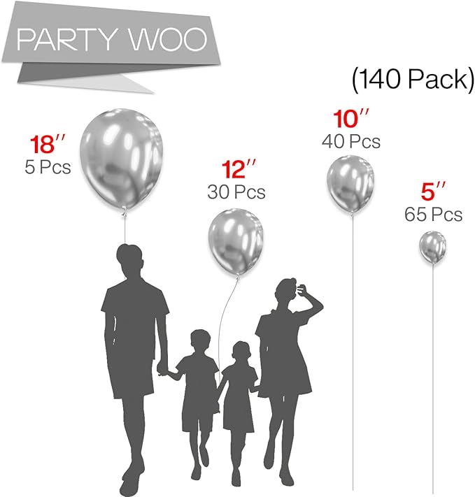 PartyWoo Silver Balloons 140 pcs Different Sizes of 18 12 10 5 Inch Silver Balloon Arch Kit Garland for Birthday Graduation Bachelorette Engagement Bridal Shower Wedding Party Decorations Silver-G102