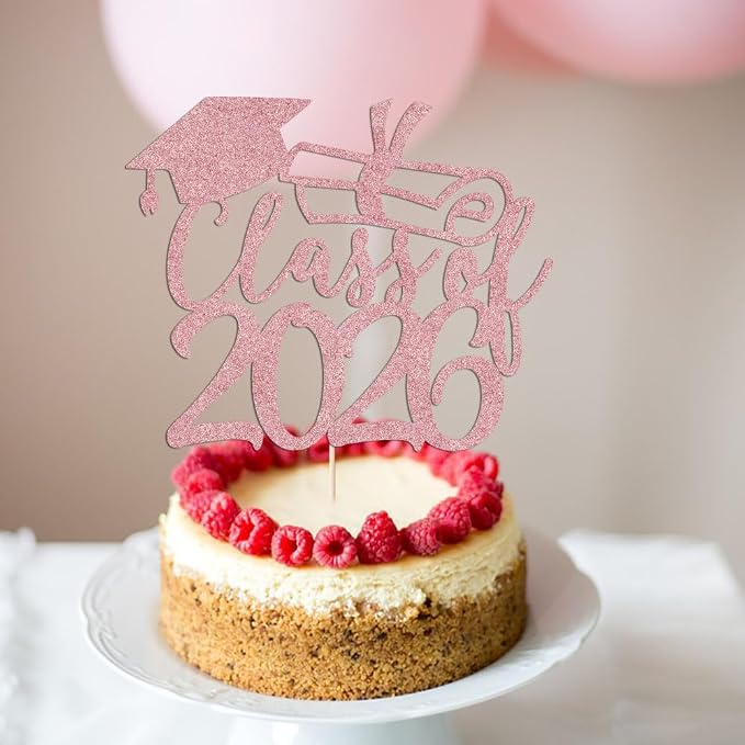 Gold Class of 2026 Congrats Grad Cake Topper Glitter Graduation Party Supplies - High School College Graduates -College Graduate Cake Topper Decorations (Rose gold)