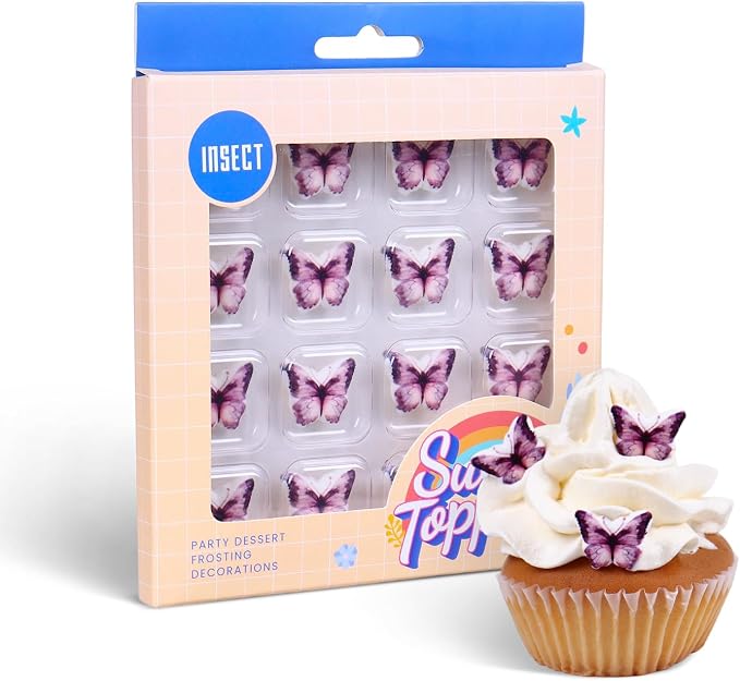 Edible Butterflies for Cake Decorating, 16 Pcs Purple Edible Butterflies, Royal Icing Butterfly for Cakes, Cookies, Cupcakes, Macarons, Chocolate, and Ice Cream