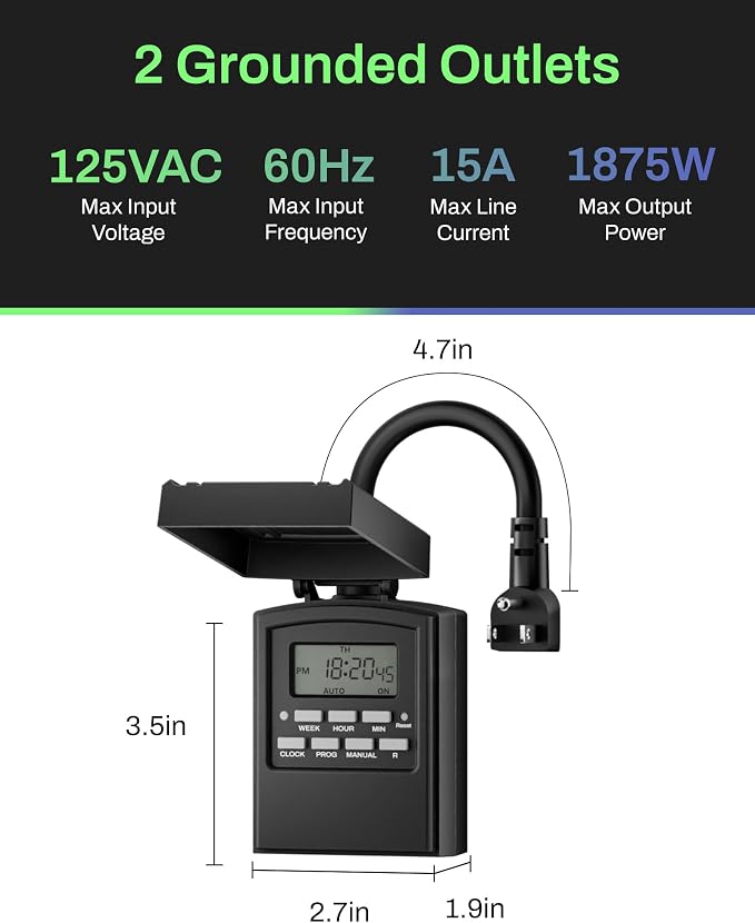 BN-LINK 7 Day Outdoor Heavy Duty Digital Programmable Timer, Outdoor Timer Outlet Waterproof, 2 Grounded Electrical Outlets for Christmas Lights, 15A 1/2HP,ETL Listed（2 Pack）