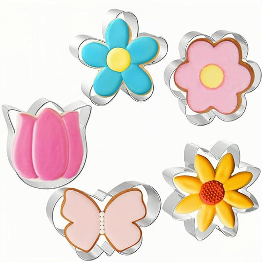 JOB JOL Flower Cookie Cutters 5 PCS, Butterfly, Sunflower, Tulip, 3'', 3.25''