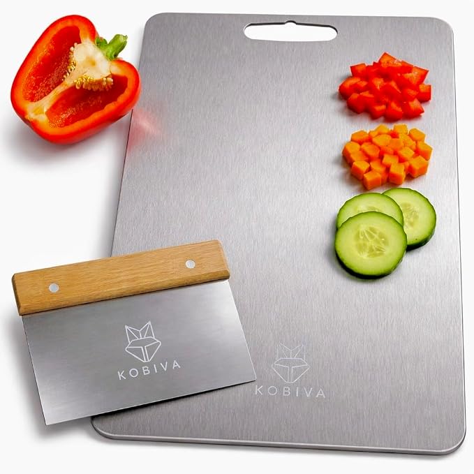 Stainless Steel Pastry Cutting Board 15x11 with Bench Scraper | Metal Dough Board for Kneading Bread & Baking – 304 Food-Grade Chopping Board, Dishwasher Safe, Knife-Friendly, Heavy Duty