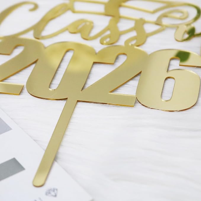 Mirror Acrylic Class of 2026 Cake Topper, Congrats Grad Cake Toppers - Gold Glitter Graduation Party Decorations