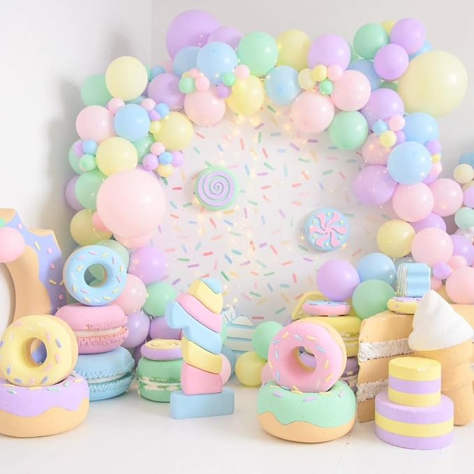 Donut Party Decorations, 108 Pcs Pink Purple Green Teal Balloons Arch Kit Pastel Latex Balloon Foil Donut Sprinkles Confetti Candy for Girls Princess Sweet One Birthday Donut Grow up Party Decorations