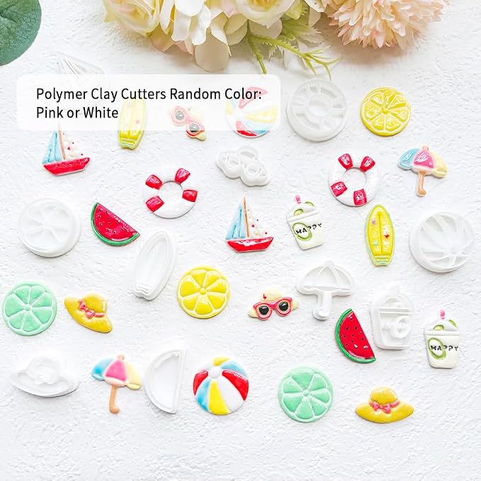 Summer Beach Polymer Clay Cutters Set Vacation Shapes Including Watermelon, Lemon, Sailboat, Surfboard & Beach Ball for DIY Earring Jewelry, Soft Clay Crafts, Scrapbooking & Miniature Decor