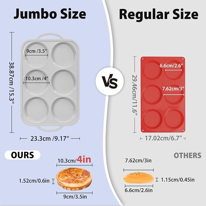 4 Inch Jumbo Silicone Muffin Top Pan with Metal Frame, Non Stick Silicon Egg Mold for Oven, Large Whoopie Pie Baking Pan with Handle for English Breakfast Sandwich, Egg Bite, Bun Tart,Light Grey