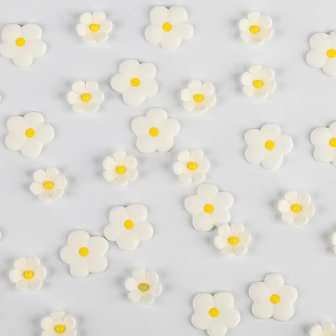 Royal Icing Flowers 32 Count Edible Mini White Blossoms Roses Daisy Sugar Flowers Cake Decorations for Baking Cupcakes Ice Cream Cookies Spring Waffles Cookies Wedding Birthday Cake Party