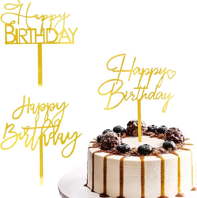 FBQ Gold Birthday Cake Topper 3 Pcs Acrylic Cake Toppe Cupcake Toppe DIY Cake Decoration Children or Adults Birthday Party Anniversary Party Decorations Supplies