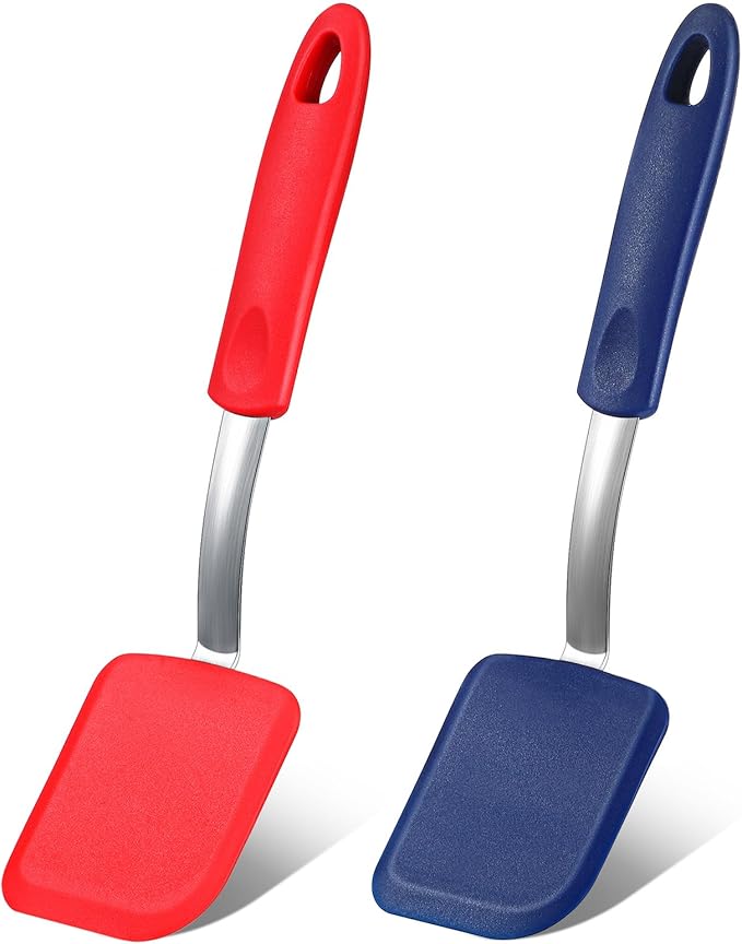 Silicone Cookie Spatula Turner 2 Pack Mini Brownie Spatula Flexible Kitchen Small Silicone Turner for Nonstick Cookware Heat Resistant No Scratch Flipper for Pancake(Solid Flat,Red,Blue)