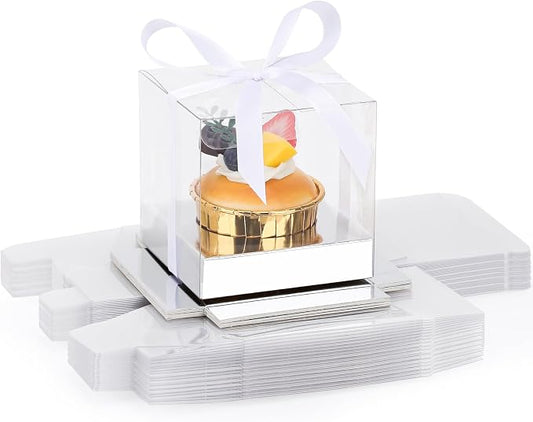 EUSOAR Cupcakes Boxes, 3.5 Inch 24 Packs Muffins Gift Wrappers individual Cupcake Containers with Ribbon, Clear Dessert Pastry Holder Disposable Cookies Carrier for Wedding Party Favor Bakery-Silver