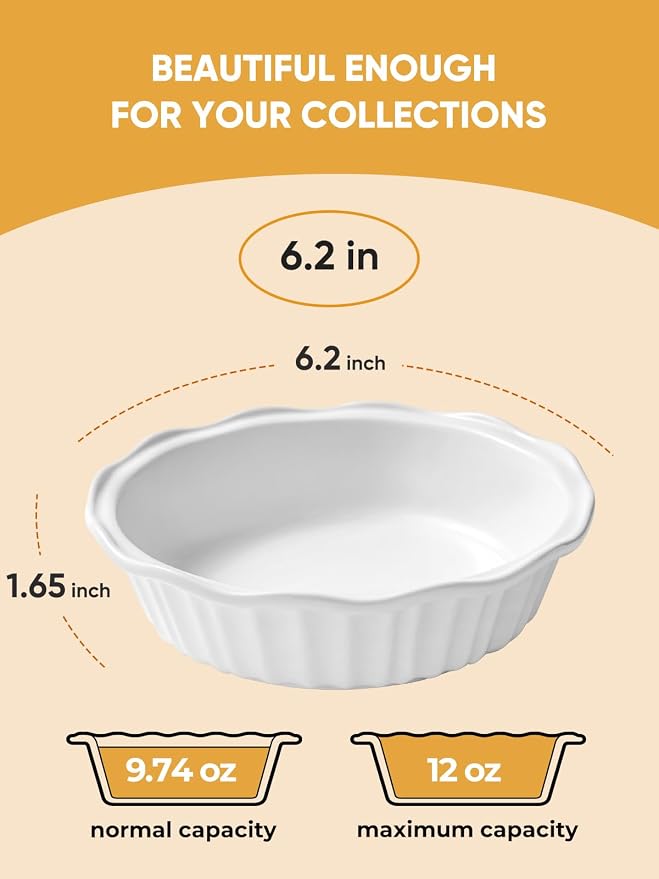 LIFVER Ceramic Pie Pans for Baking 6 Inches, 11.6 OZ Set of 4 Deep Pie Dish, Round Mini Pie Plates Tart Pans, Small Quiche Baking Fluted Dish Pan for Dinner, Oven, Freezer, Microwave Safe