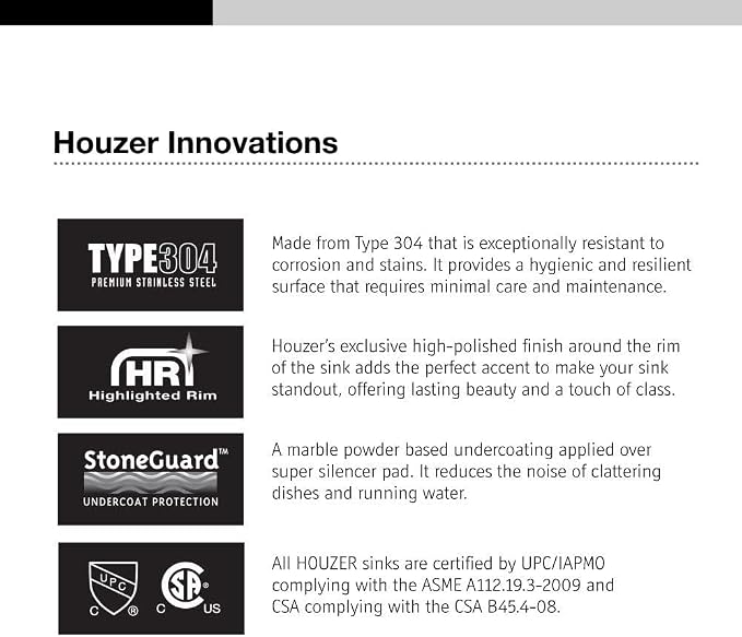 Houzer ISL-3322BS3-1 Glowtone Stainless Steel Kitchen Sink, Topmount, 60/40 Double Bowl Kitchen Sink, 3-hole, Cabinet Compatibility, Satin Finish