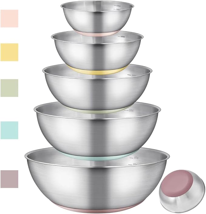 GIUOIDUO Stainless Steel Mixing Bowls Set,5 PCS Metal Mixing Bowls for Baking, Cooking, and Salad Making,Kitchen Meal Preparation,Non-Slip Silicone Bottom