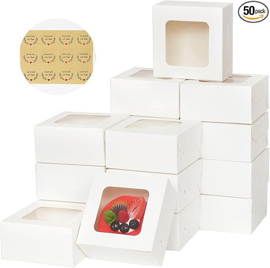 Zzrywuty 50 Packs 5x5x2.5in White Cookie Boxes, Bakery Boxes with Window, Mini Cake Boxes, Food Container Boxes for Cookies, Pastry, Pie, Strawberries, Donuts, Candy, Desserts, Small Cake