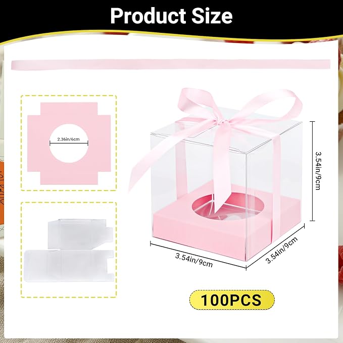 EUSOAR Pink Cupcake Boxes, 100 Packs 3.5 Inch Clear Plastic Cupcake Containers Box Individual with Inserts and Ribbon, Pastry Wrappers Clear Muffin Gift Holder for Wedding Favor Bakery Decor