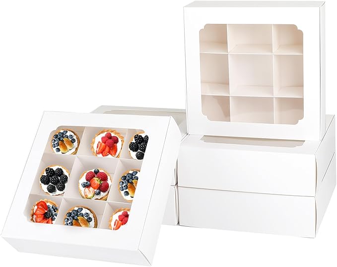 Zealax 9 Inch Bakery Boxes with Window and Dividers Cookie Packaging Treat Boxes for Mini Cupcakes, Chocolate Covered Strawberries, Brownies, and Small Treats for Gift Giving∣Pack of 6, 9x9x2.75 inch