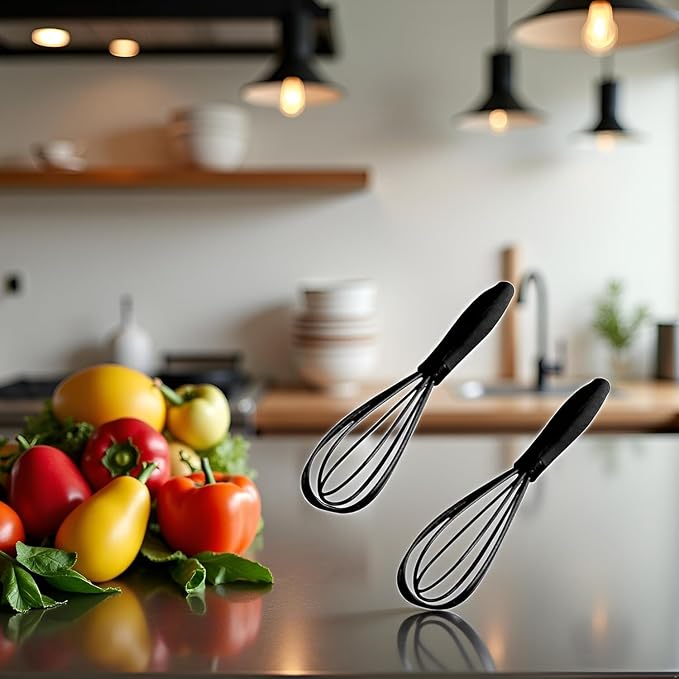 2Pcs Black Mini Silicone Whisk, 6.7inch Non-Scratch Non-Stick, Milk & Egg Beater Blender, Hand Egg Mixer, Kitchen Tool for Cooking, Baking, Mixing, Stirring, Kitchen Utensils