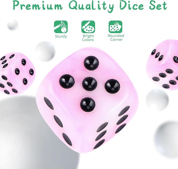 36 of Pack 12MM 6 Sided MINI Dice Set,Mixed Colours Swirls D6 Game Dice Set, 6 Sided Standard Dices for Yahtzee, Bunco or Teaching Math,with Portable Plastic Box(Pink White)