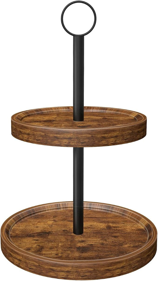 Tiered Tray Stand, Rustic Two Tier Decorative Tray with Metal Handle, Farmhouse 2 Tier Serving Tray, Round Cake Cupcake Stand for Coffee Bar Home Party Decor Holiday Housewarming Gifts(1-Pack)