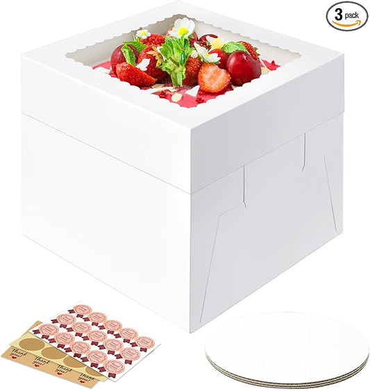 3 Pack Cake Boxes 12 Inch, White Square Cake Boxes with Cake Boards, Disposable Cardboard Cake Containers with Lids for Pastry Donuts Pies Cookies Dessert Wedding Birthday Party (12×12×8 In)