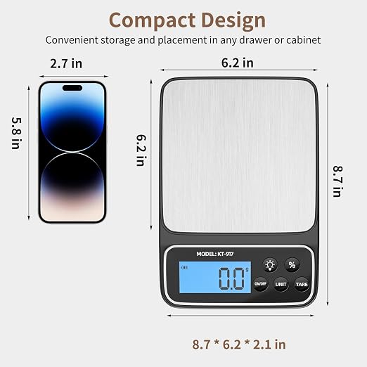 SEMIER Food Scale, Digital Kitchen Scale, 5kg/11lb Baking Scale for Precise Weight Measuring and Portion Control with% Percentage Function, USB Rechargeable, Stainless Steel Pan