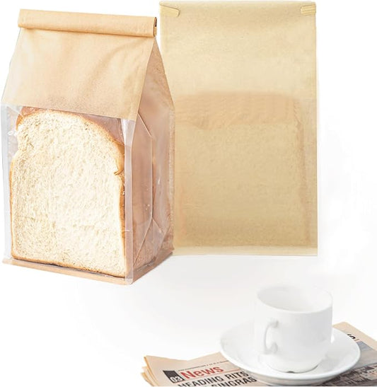 50 Pcs Bread Bags for Homemade Breads, 5.1 x 3.9 x 11 Inch Small Brown Bakery Bags with Tin Tie, Cotton Paper Loaf Bag, Storage Packing Bag with Clear Window