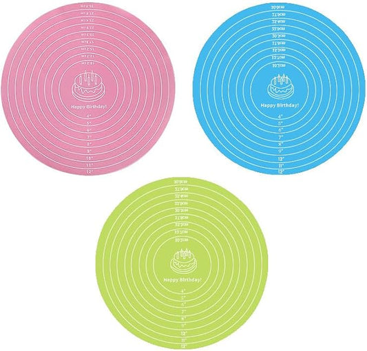 3 Pcs Silicone Cake Mats, 12 Inch Round Silicone Baking Mat with Measurements Reusable Non-Stick Non-Slip Heat Resistant Cookie Mat for Cake Turntable Pizza Dough Pastry Rolling (Pink, Blue, Green)