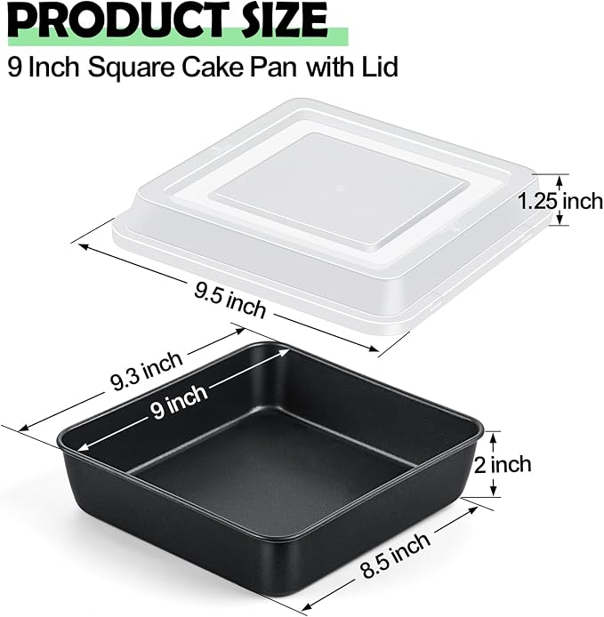 TeamFar 9x9 Inch Square Cake Pan with Lid, Non-Stick Square Baking Roasting Pan, with Stainless Steel Core for Cooking Brownie Lasagna, Non-Toxic & Heavy-Duty, Release & Clean Easily (1 Pan+1 Lid)
