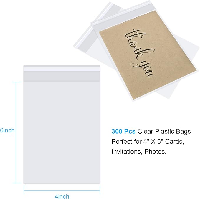 Romeda 300 Pcs Cellophane Bags, 4x6" 2.8 Mils Cookie Bags for Packaging, Small Cellophane Bags Self Adhesive, Cello Bags Small Clear Plastic Bags for Candy, Bread, Dessert, Party Favors, Bakery