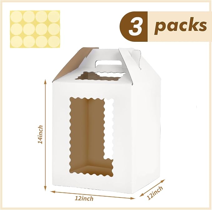 3 Pack 12x12x14Inch Tall Cake Boxes for Tier Cakes,10in 12in Tall Cake Carrier, Large Tiered Cake Box, Layer Cake Box, large cake box,Durable White Bakery Box