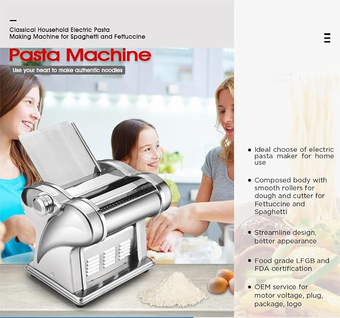 Automatic Electric Pasta Maker Machine, Commercial Stainless Steel Spaghetti Roller Noodle Pressing Machine for Spaghetti, Fettuccini, Lasagna, Dumpling Skins