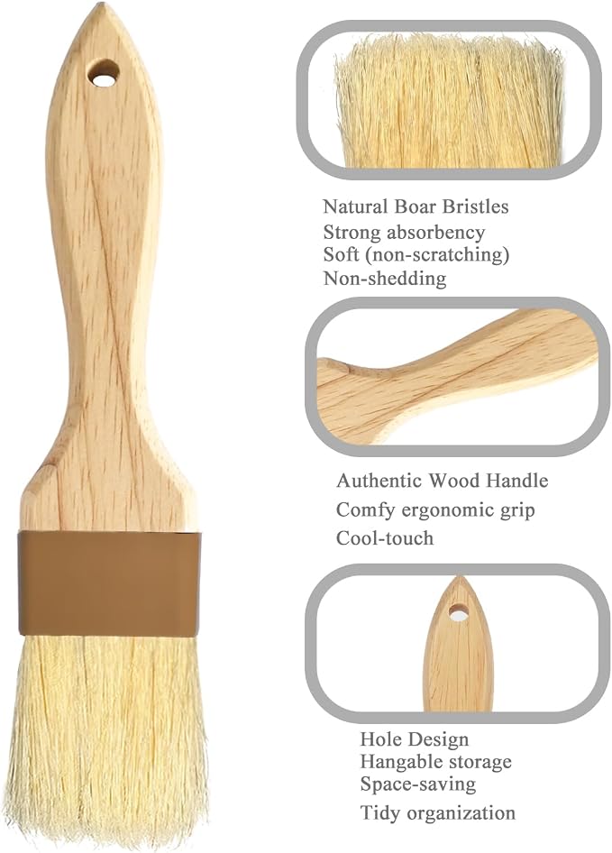 Pastry Basting Brush for Baking 2 inch,Natural Boar Bristle Food Grade Brush,Heat Resistant Cooking Brush for Oil and Sauce,Non Shedding Bristles for Butter Egg Wash Marinades BBQ Grill Barbecue