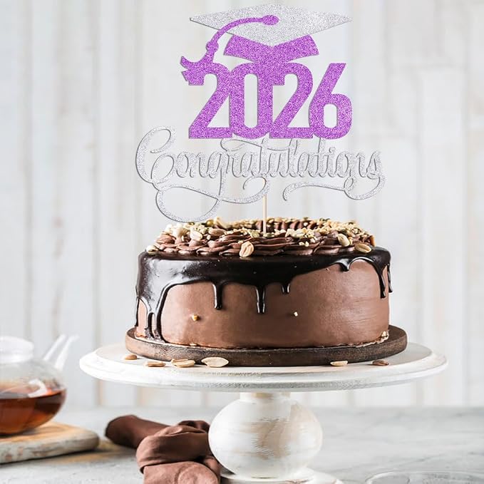 Silver Purple 2026 Congratulations Graduation Cake Topper,Congrats Grad Cake Decor - 2026 High School/College/Senior Graduation Party Decorations Supplies
