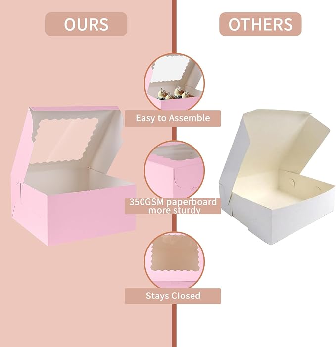 48pcs 10x10x5 Inches Cake Boxes,24pcs Pink Boxes and 24pcs Boards,Cajas Pasteles for Disposable 10 inch Cake box with Window (Pink, 10 * 10 * 5inch/48pcs)
