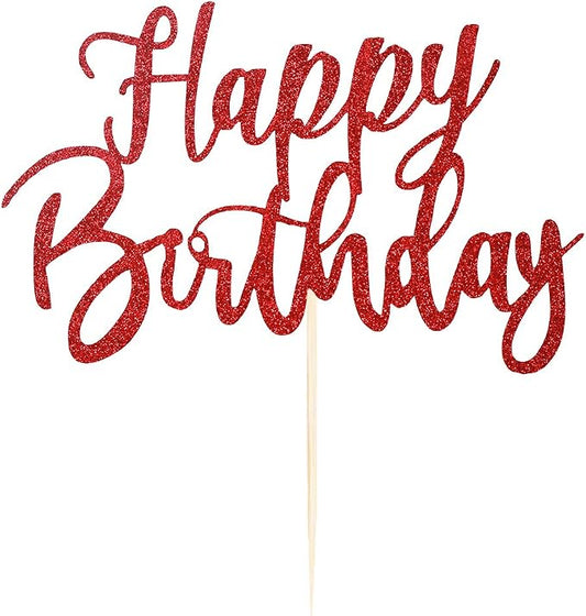 Handmade Glitter happy birthday Cake Topper, Happy Birthday Cake Bunting Decor, Party Decoration Supplies (Red)