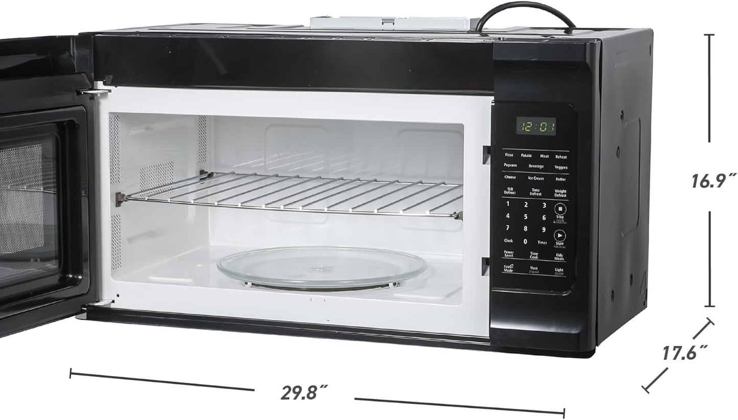 Commercial Chef 1.7 Cu. Ft. Over-The-Range Microwave Oven, 1000 Watt Microwave with 10 Power Levels, 300 CFM Hidden Vent Hood Fan, Touch Controls, LED Display, 10 Preset Options, CHMR17GB, Black
