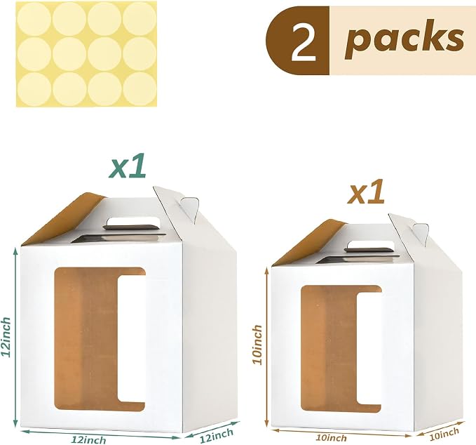 10x10x10 & 12x12x12 Tiered Cake Box with window,8in 10in 12in Tall Cake Boxes for Tier Cakes,Layer tall baking carrier, tier cake boxes (2 pack)