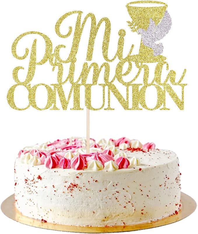 Gold Glitter Mi Primera Comunion Cake Topper, Spanish Baby First Baptism Cake Decor, First Communion/God Bless/Baby Shower Party Decorations Supplies