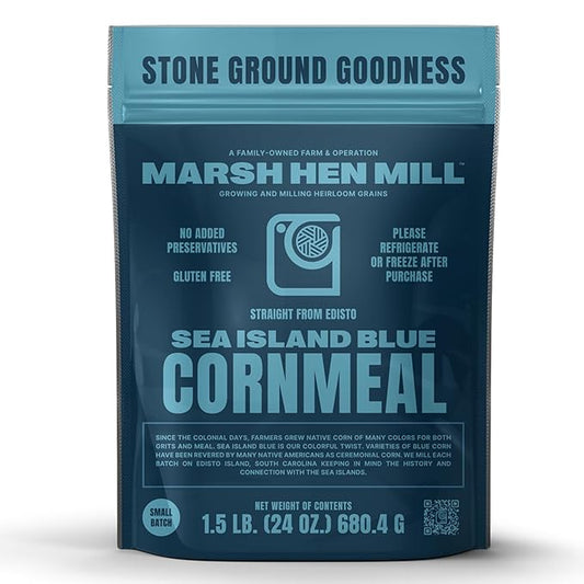 Marsh Hen Mill Sea Island Blue Cornmeal | Corn with Floral Aroma | Perfect Stone Ground Cornmeal for Corn Bread | Traditional Blue Corn Flour | 100% Natural & Gluten Free, 24 oz (Pack of 1)