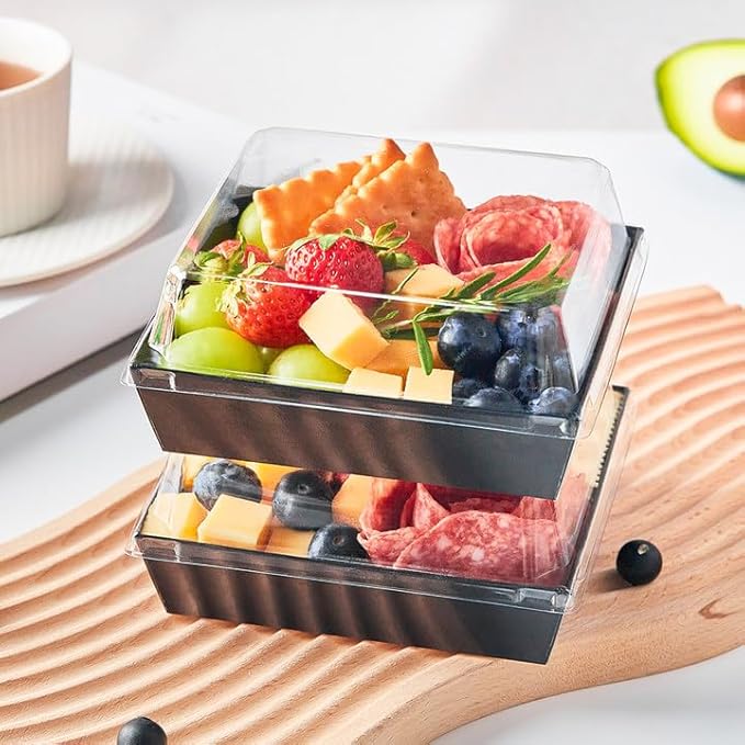 ZORRITA Paper Charcuterie Boxes with Clear Lids, 50 Pack, 5 Inch, Black | Square To Go Dessert Containers, Small Bakery Boxes, For Cake, Cookies, Sandwich, Strawberries