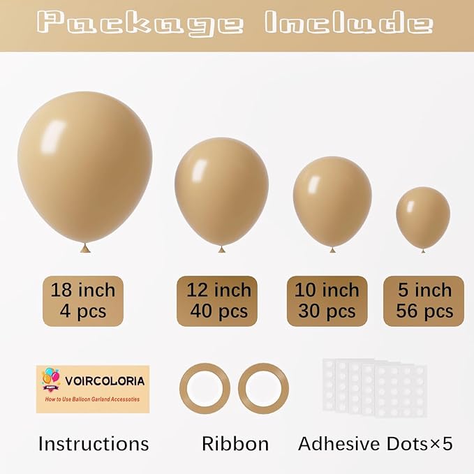 Voircoloria 130pcs Tan Balloons Different Sizes 18" 12" 10" 5" Light Brown Latex Balloon Garland Arch Kit for Birthday Baby Shower Graduation Wedding Gender Reveal Anniversary Party Decorations