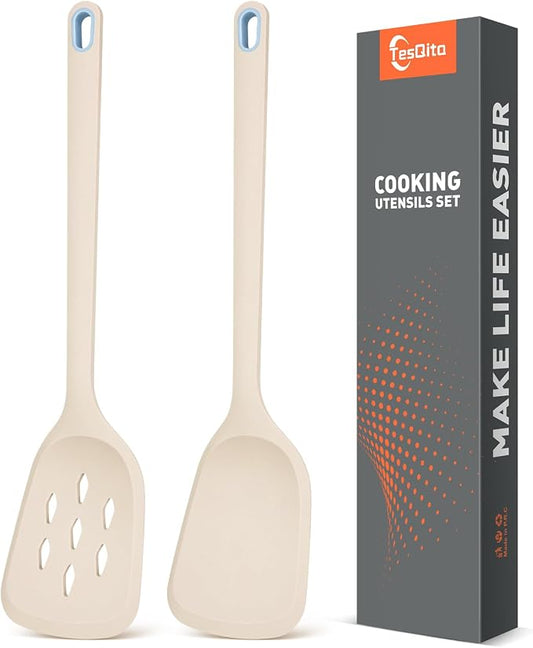Silicone Cooking Spatula&Slotted Spatulas, Pack of 2,Solid Turner Kitchen Utensils Set for Cooking,Frying, Baking, Flipping, Turning,Heat Resistant 450℉ (KHAKI)