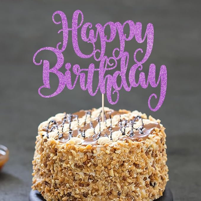 Happy Birthday Cake Topper- Glitter Happy Birthday Cake Decor, Handmade Anniversary/Birthday Party Supplies (Purple)