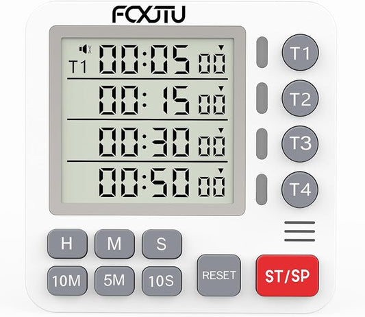 Digital Dual Kitchen Timer, 4-Channel Magnetic Countdown Timer for Cooking, On/Off, Large Display Multi Food Loud Alarm Silent for Classroom Seniors Battery Included (White)